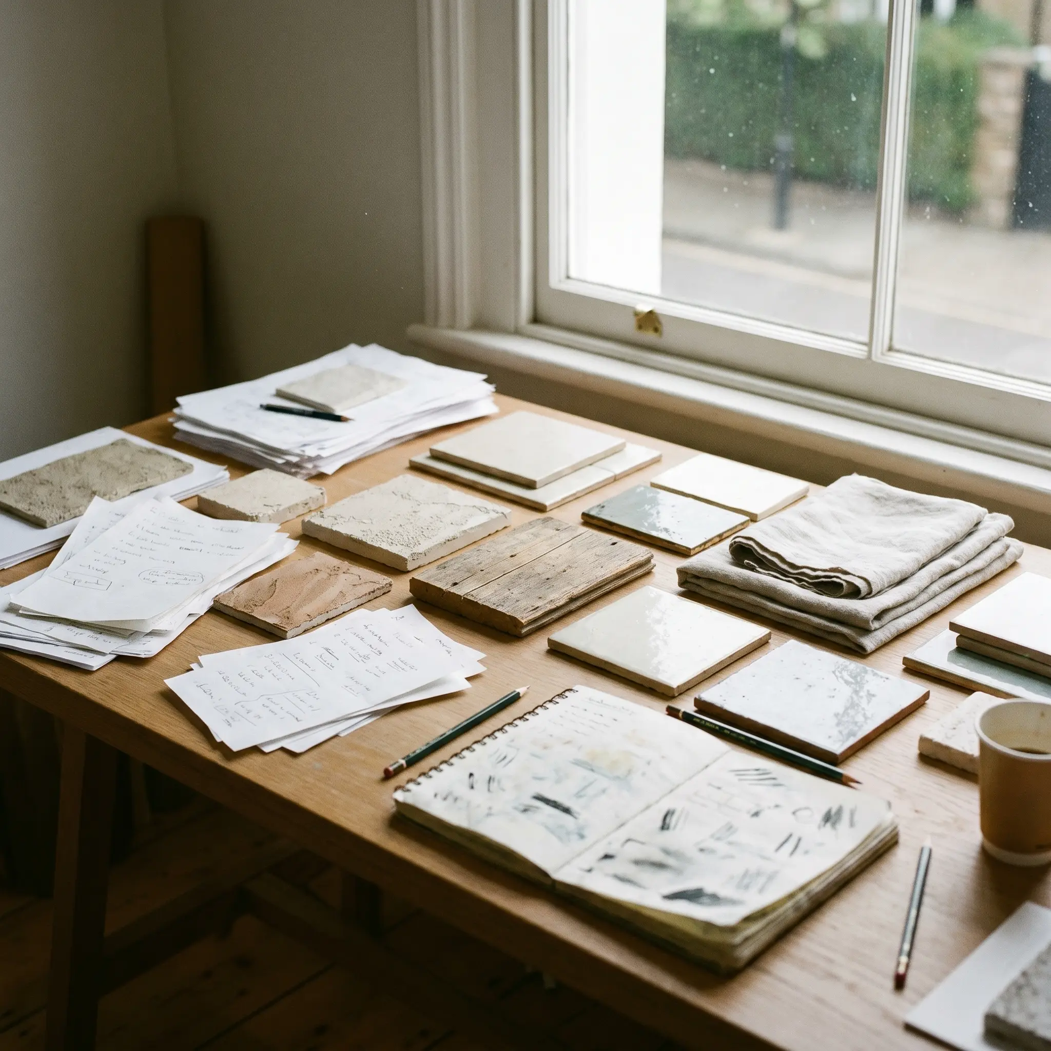 Interior material review desk with samples and daylight