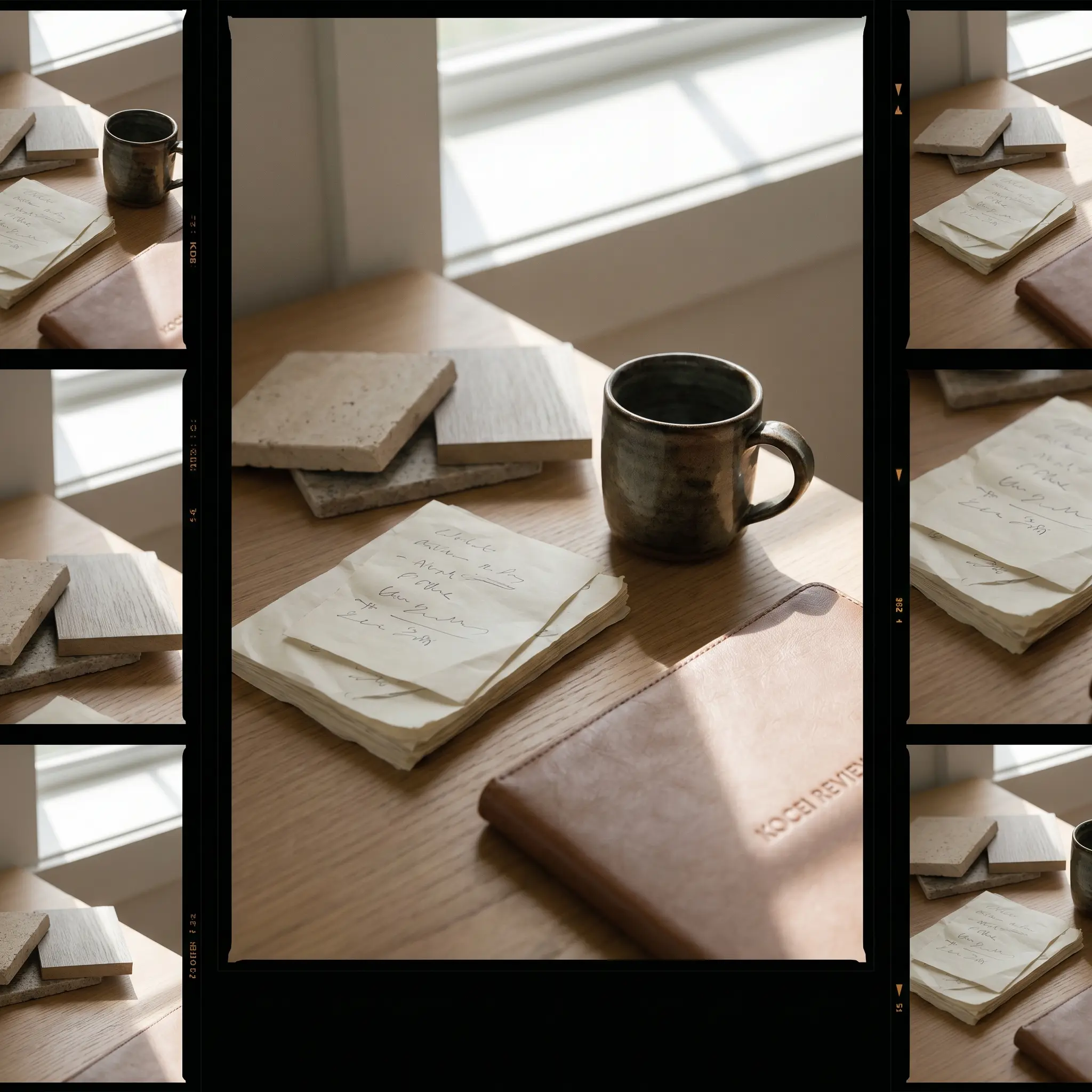 Desk detail with paper notes and interior finish samples
